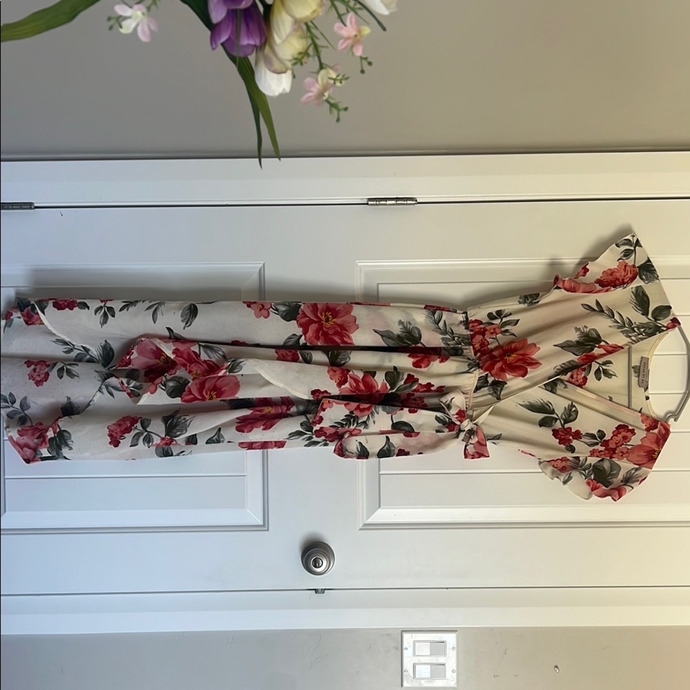 Red and Pink Floral Maxi Sundress with V-Neck